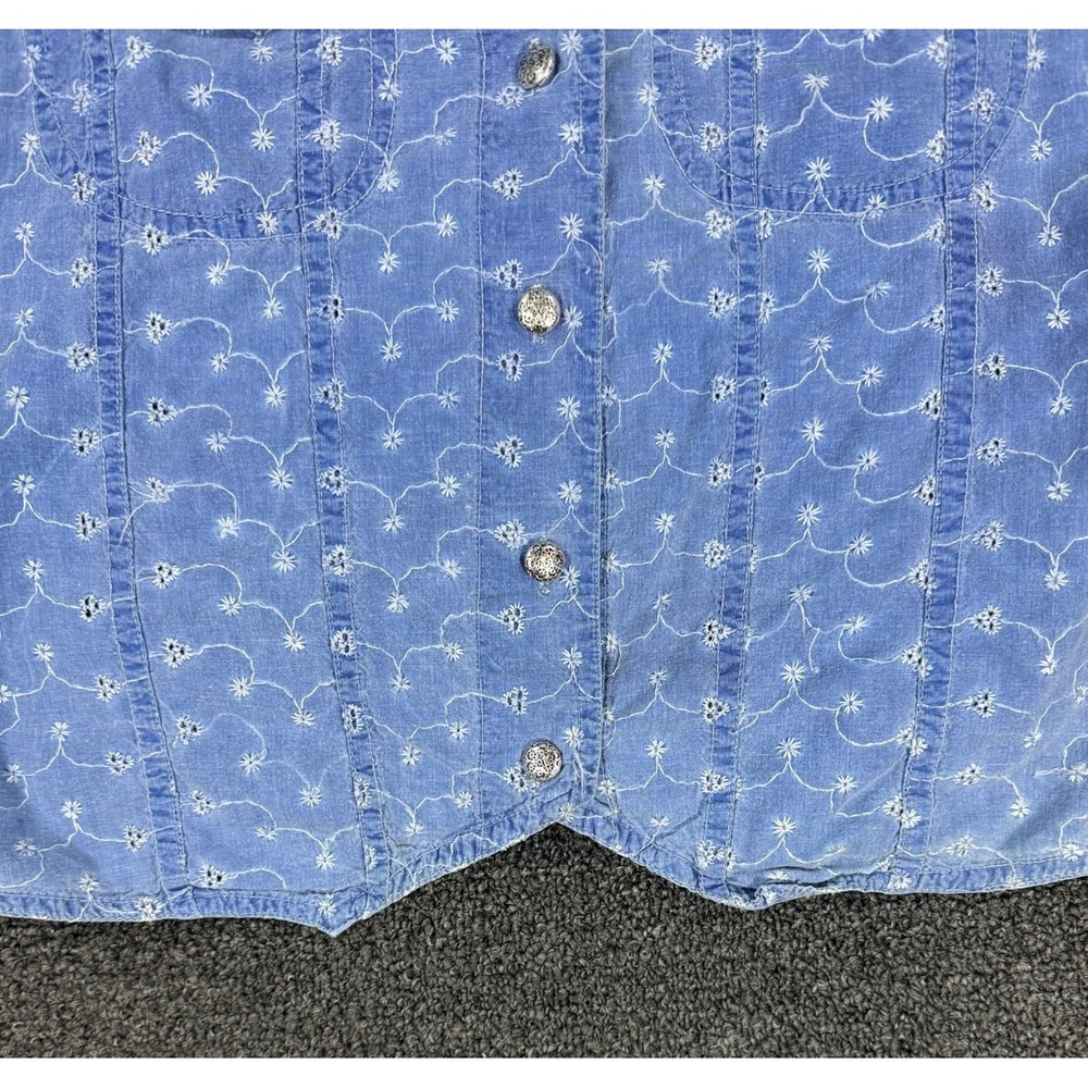 Y2K Denim Vest Top‎ Floral Embroidered Blue Button Front Indie Soft Girl - Picture 2 of 5